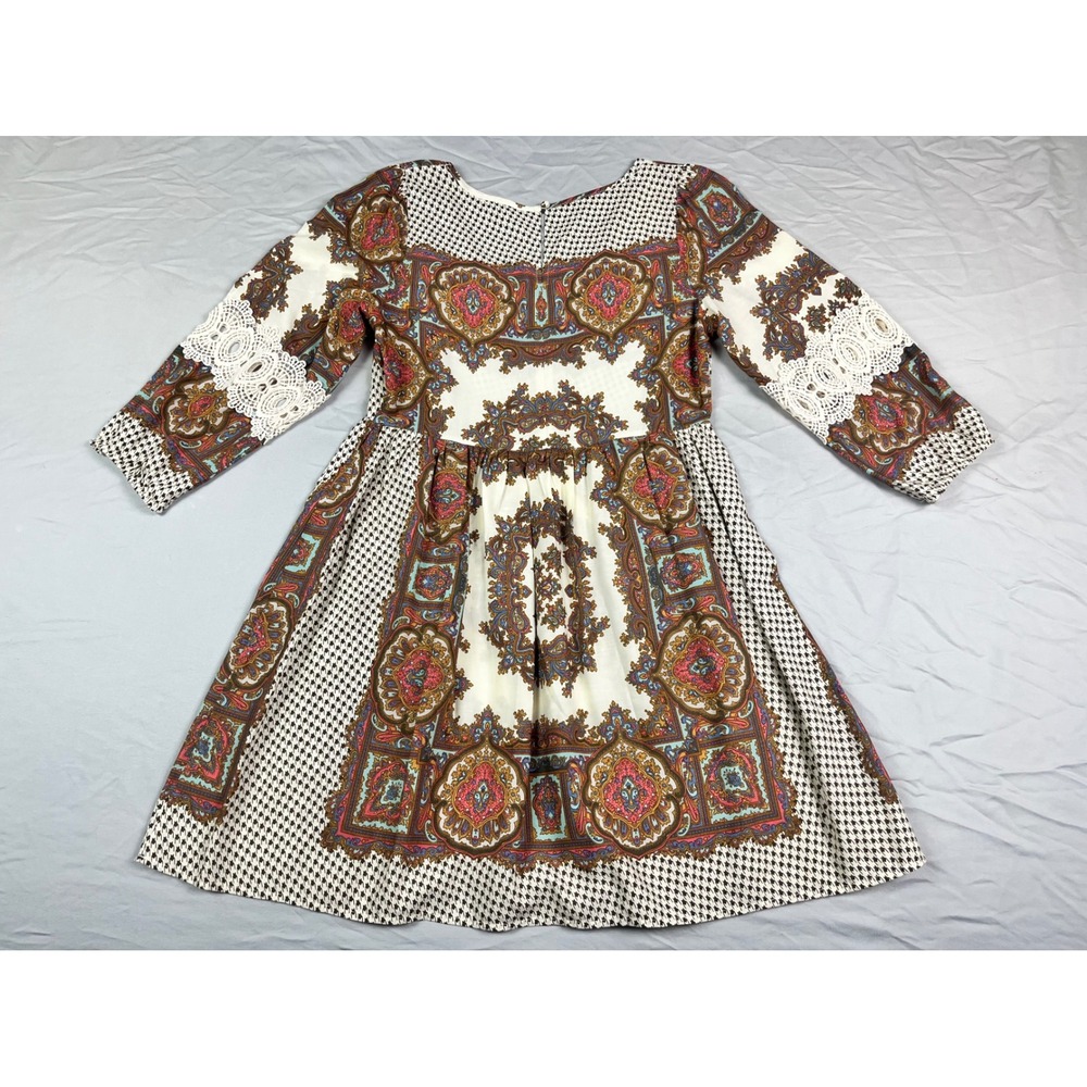 Umgee Womens Paisley Houndstooth Mixed Print Crochet Lace Mini Dress Medium Boho - Picture 2 of 8